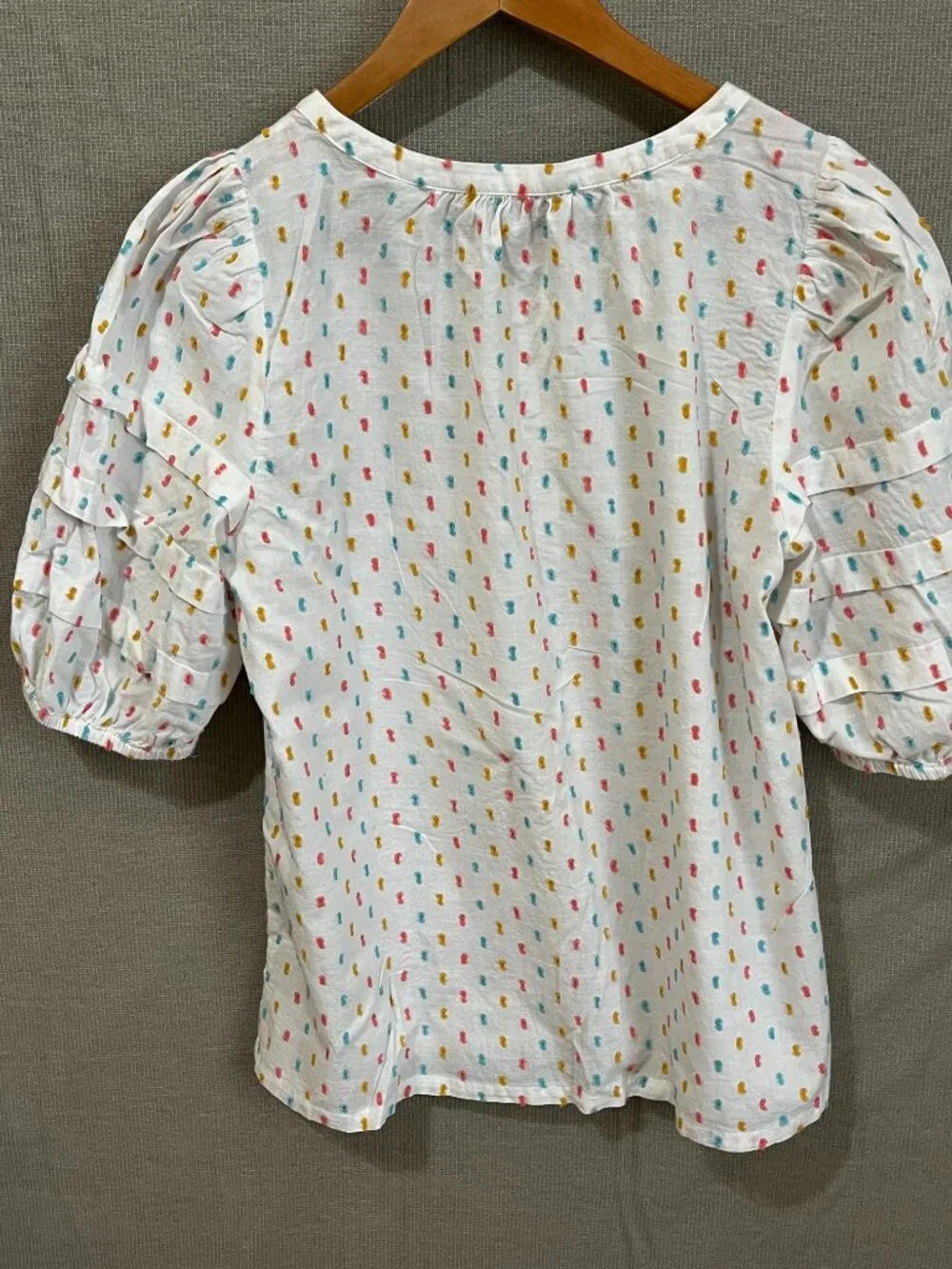 LOFT Womens White Multicolor Embroidered Dot Blouse Ruffle Puff Sleeve Sz S